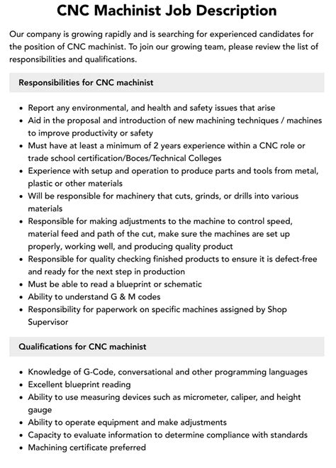 cnc machinist job descriptions duties